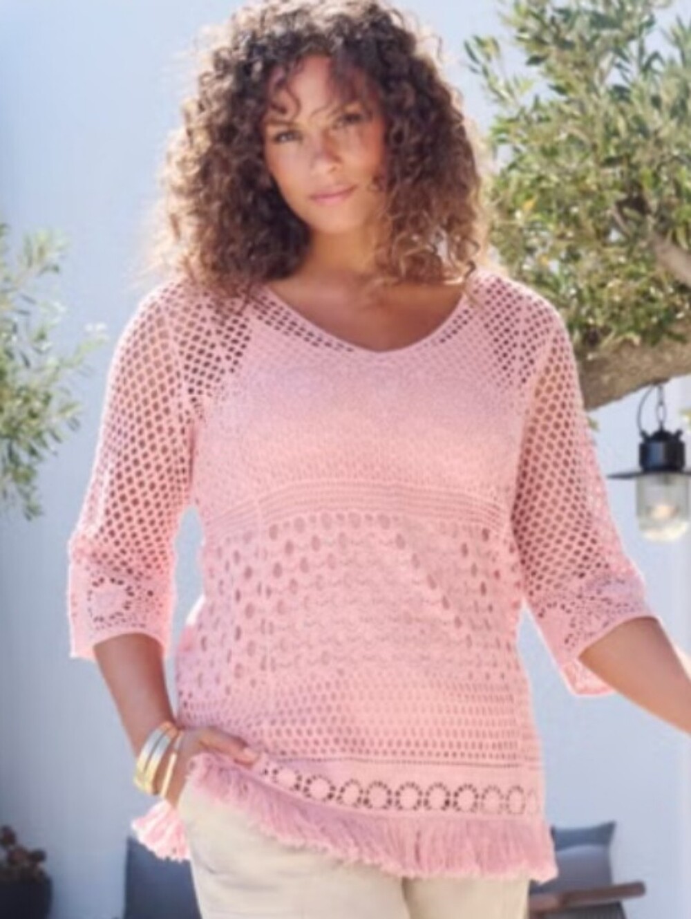 ROAMANS Fringed Sweater In Soft Blush